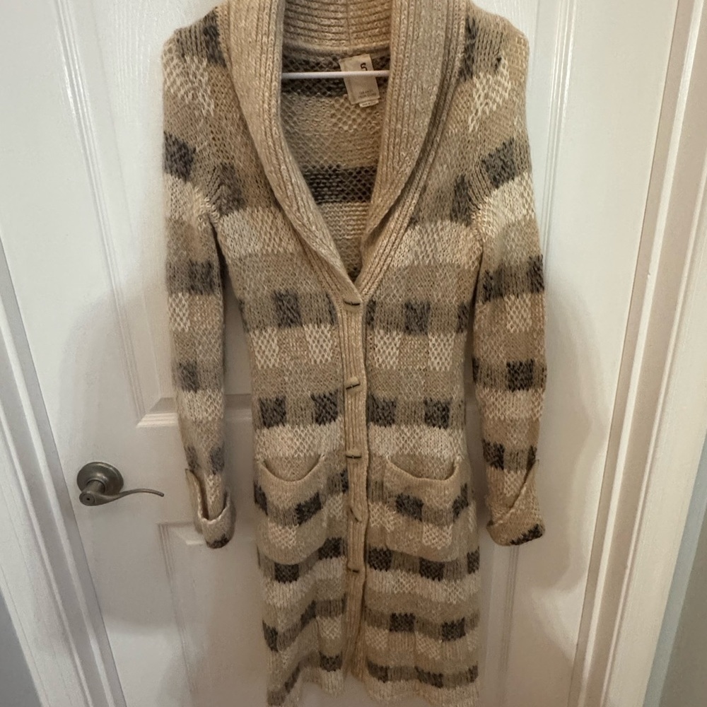Far Away From Close Anthropologie Tan Plaid Long Cardigan Sweater Size Small - Picture 2 of 5